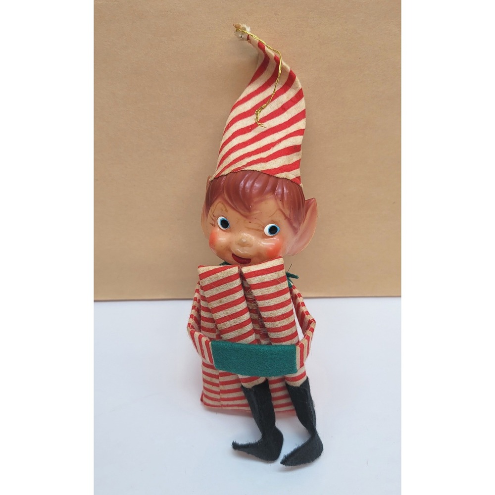 Vintage Knee Hugger Elf Christmas Ornament Red White Striped Pixie 8 Inch